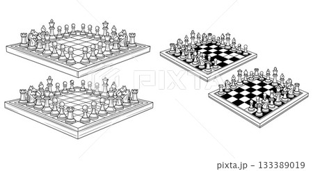 Isometric line art illustration of chess boards fully set with pieces for strategic gameplay and thinking 133389019