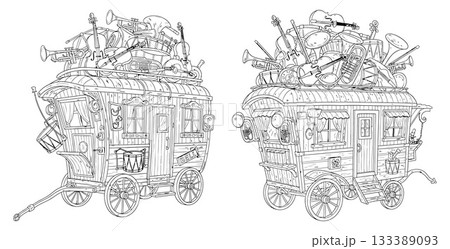 Ornate gypsy wagons overflow with musical instruments, creating a whimsical scene for a traveling circus orchestra 133389093