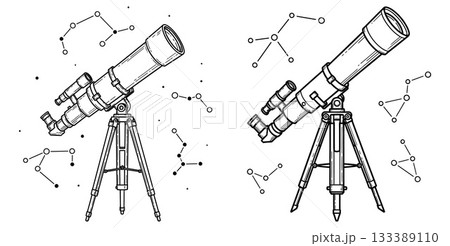 Pair of astronomical telescopes on sturdy tripods with abstract constellation patterns, symbolizing space exploration and learning Pair of astronomical telescopes on sturdy tripods with abstract constellation patterns, symbolizing space exploration and learning 133389110