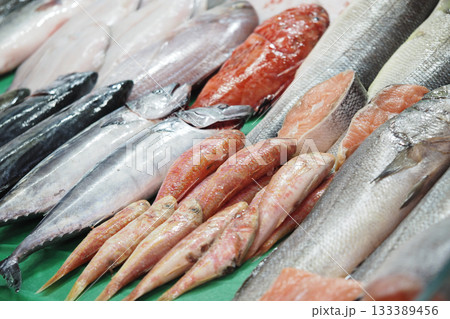 Fresh seafood on display at local market Fresh seafood on display at local market 133389456