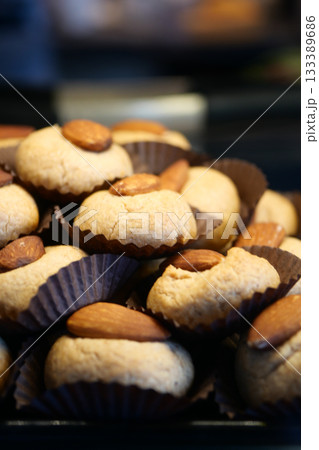 Delicious almond cookies served at a bakery Delicious almond cookies served at a bakery 133389686