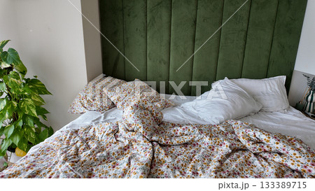 Cozy bedroom with rumpled sheets and green headboard 133389715
