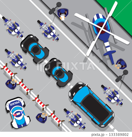 The motorcade escorted by police. View from above. Vector illustration.  133389802