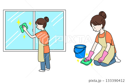 窓拭き掃除と床掃除をする女性・主婦のイラスト 133390412