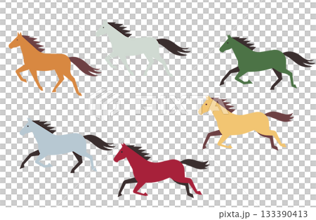 一組以日式色彩繪製的馬匹圖案，可用於新年賀卡設計。 133390413