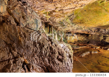 St. Beatus Caves with stalactites and stalagmites below Beatenberg near Interlaken in Bern canton in Switzerland St. Beatus Caves with stalactites and stalagmites below Beatenberg near Interlaken in Bern canton in Switzerland 133390434