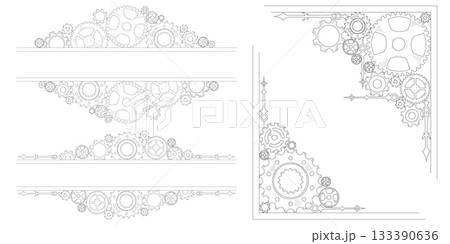 Colorful hand-drawn doodle cogwheels forming a gear mechanism in a corner, border, and frame style, conveying teamwork and business progress. Colorful hand-drawn doodle cogwheels forming a gear mechanism in a corner, border, and frame style, conveying teamwork and business progress. 133390636