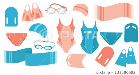 Set of swim sport equipment, towel, swimsuit, goggles and flippers Set of swim sport equipment, towel, swimsuit, goggles and flippers 133390682