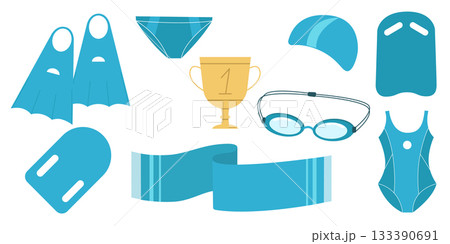 Set of swim sport equipment, towel, swimsuit, goggles and flippers 133390691