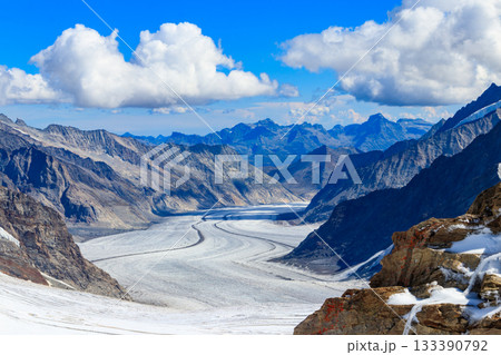 View of Great Aletsch Glacier, the largest glacier in the Alps and UNESCO heritage, in Canton of Valais, Switzerland 133390792
