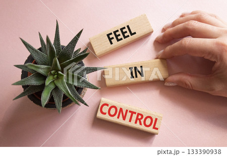 Feel in Control symbol. Wooden blocks with words Feel in Control. Beautiful pink background with succulent plant. Businessman hand. Business and Feel in Control concept. Copy space. Feel in Control symbol. Wooden blocks with words Feel in Control. Beautiful pink background with succulent plant. Businessman hand. Business and Feel in Control concept. Copy space. 133390938