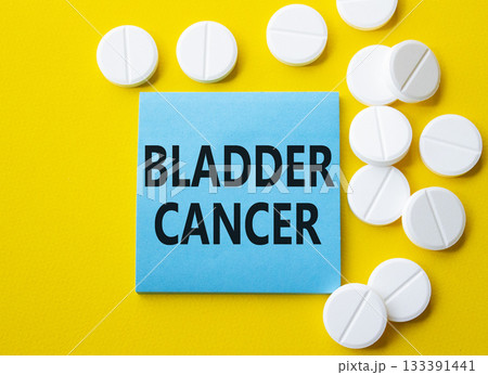 Bladder Cancer symbol. Concept word Bladder Cancer on blue note. Beautiful yellow background with pills. Medicine and Bladder Cancer concept. Copy space 133391441