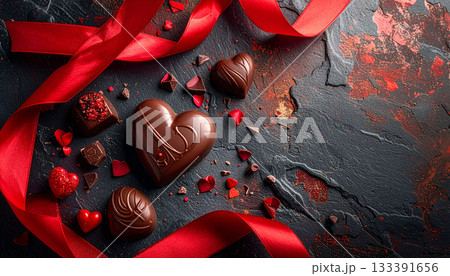 ハート型チョコと赤リボンのバレンタインイメージ背景 133391656