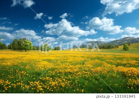 Field with yellow dandelions and blue sky 133391945