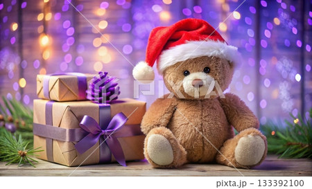 Teddy bear wearing a Santa hat  sitting next to a gift box 133392100