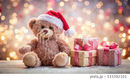 Teddy bear wearing a Santa hat sitting next to a gift box Teddy bear wearing a Santa hat sitting next to a gift box 133392101