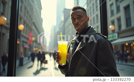 Man holding a refreshing drink with a straw on a sunny city street. Generated AI 133392270
