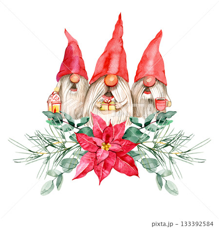 Watercolor Christmas gnomes with gifts, lantern and hot drink surrounded by poinsettia, pine branches and greenery. Cute festive illustration for holiday cards, decor and winter design. Watercolor Christmas gnomes with gifts, lantern and hot drink surrounded by poinsettia, pine branches and greenery. Cute festive illustration for holiday cards, decor and winter design. 133392584