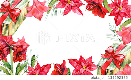 Festive watercolor frame with gift boxes, red flowers and green foliage. Perfect for Christmas cards, invitations, seasonal greetings, winter celebration designs and holiday stationery. 133392586