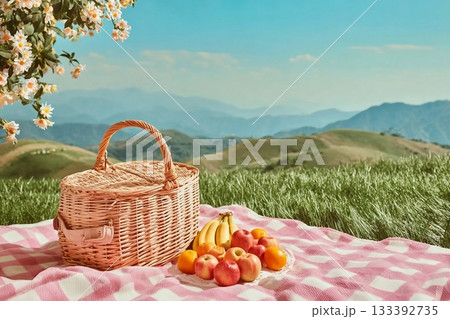 The photograph about a picnic set up on green grass, against on hill sight background. A rattan basket with some fresh fruit displayed on pink checkered carpet. Blank space for product displaying The photograph about a picnic set up on green grass, against on hill sight background. A rattan basket with some fresh fruit displayed on pink checkered carpet. Blank space for product displaying 133392735