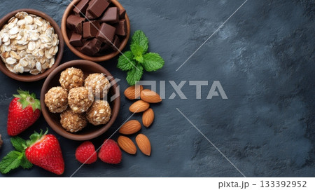 A flat lay features raw ingredients for healthy diabetes friendly snacks, including oatmeal, chocolate chunks, energy balls, almonds, strawberries, raspberries, and mint leaves, on a dark stone 133392952