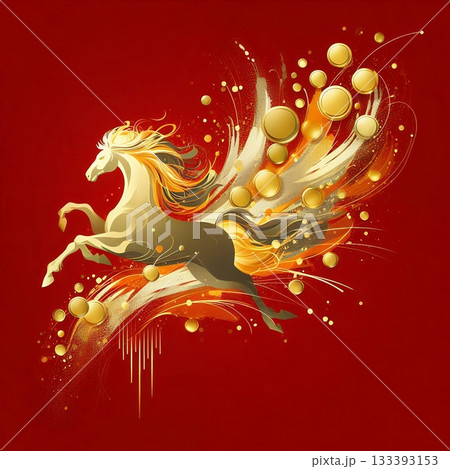 Golden horse jumping with gold coins on red background for Chinese New Year 2026 Year of the Horse celebration. 133393153