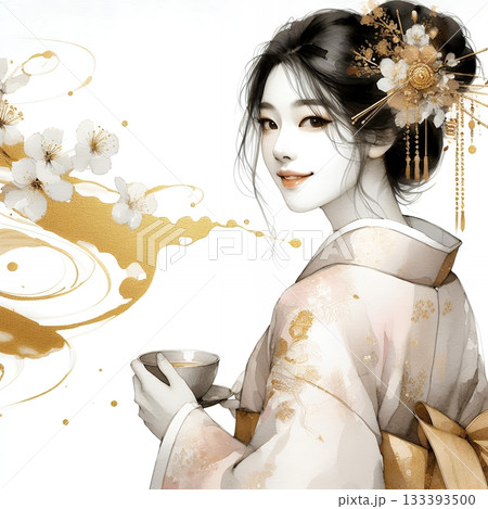 Elegant Japanese Woman in Kimono with Traditional Ink and Gold Floral Art Illustration. Elegant Japanese Woman in Kimono with Traditional Ink and Gold Floral Art Illustration. 133393500