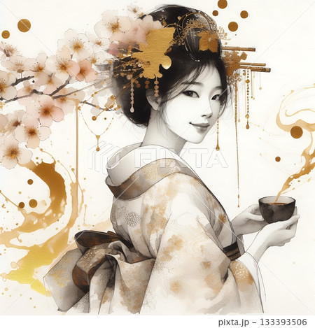 Elegant Japanese Woman in Kimono with Traditional Ink and Gold Floral Art Illustration. Elegant Japanese Woman in Kimono with Traditional Ink and Gold Floral Art Illustration. 133393506