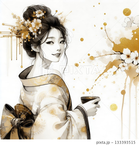 Elegant Japanese Woman in Kimono with Traditional Ink and Gold Floral Art Illustration. Elegant Japanese Woman in Kimono with Traditional Ink and Gold Floral Art Illustration. 133393515