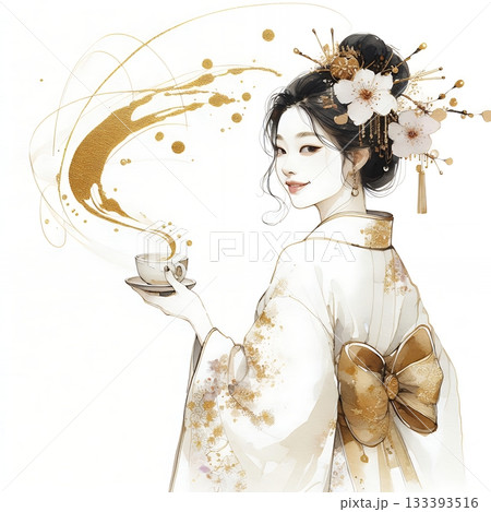 Elegant Japanese Woman in Kimono with Traditional Ink and Gold Floral Art Illustration. Elegant Japanese Woman in Kimono with Traditional Ink and Gold Floral Art Illustration. 133393516