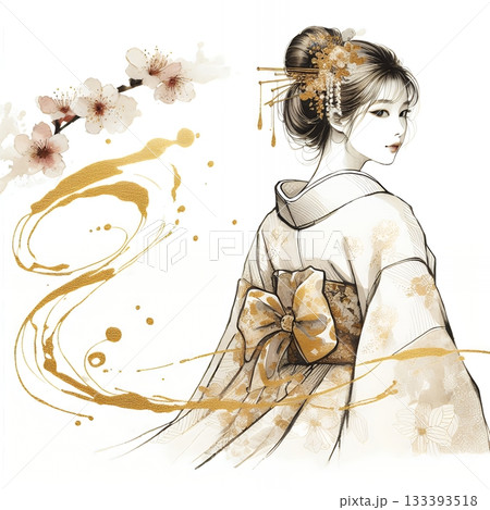 Elegant Japanese Woman in Kimono with Traditional Ink and Gold Floral Art Illustration with Generative AI. Elegant Japanese Woman in Kimono with Traditional Ink and Gold Floral Art Illustration with Generative AI. 133393518