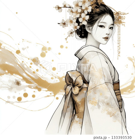 Elegant Japanese Woman in Kimono with Traditional Ink and Gold Floral Art Illustration with Generative AI. Elegant Japanese Woman in Kimono with Traditional Ink and Gold Floral Art Illustration with Generative AI. 133393530
