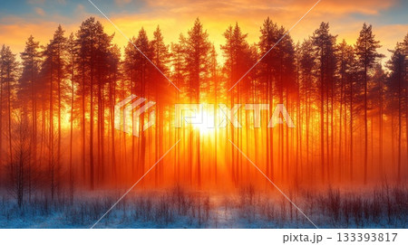 Vibrant sunset behind tall pine trees creates a breathtaking natural landscape in winter 133393817