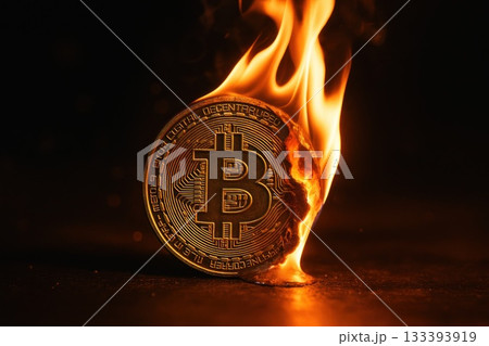 Bitcoin burning in flames highlighting digital currencys volatility and risk 133393919