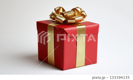 Gift box with golden ribbon sits on a plain...のイラスト素材 [133394135] - PIXTA