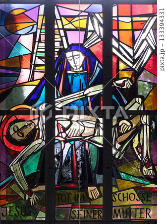 13th Stations of the Cross, Jesus' body is removed from the cross, stained glass window in Saint Lawrence church in Kleinostheim, Germany 133394331