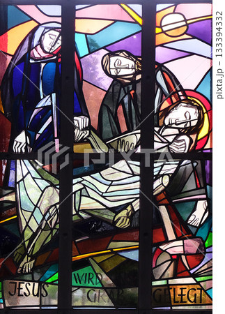 14th Stations of the Cross, Jesus is laid in the tomb and covered in incense, stained glass window in Saint Lawrence church in Kleinostheim, Germany 14th Stations of the Cross, Jesus is laid in the tomb and covered in incense, stained glass window in Saint Lawrence church in Kleinostheim, Germany 133394332