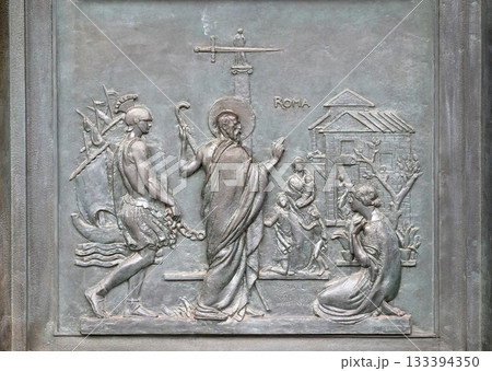 Bronze door with the image of the life of St. Paul: Paul reaches Rome and is welcomed by the faithful, basilica of Saint Paul Outside the Walls, Rome, Italy Bronze door with the image of the life of St. Paul: Paul reaches Rome and is welcomed by the faithful, basilica of Saint Paul Outside the Walls, Rome, Italy 133394350