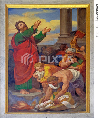The fresco with the image of the life of St. Paul: Books and Scrolls are Burned, basilica of Saint Paul Outside the Walls, Rome, Italy 133394684