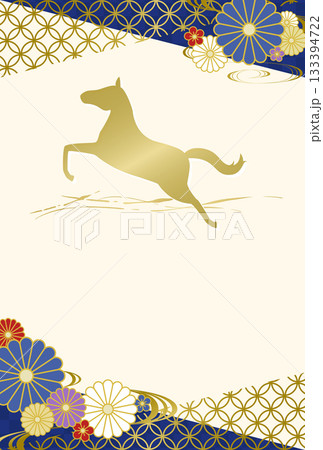 金色の馬と花と和柄の年賀状テンプレート2026 青　縦 133394722