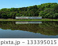 水田の水鏡に映る新緑の中を走る列車 133395015