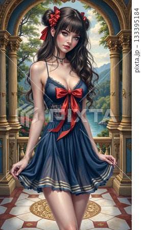 The image features a digital art illustration of a young woman in a blue dress with red bows standing on a balcony overlooking a picturesque landscape 133395184