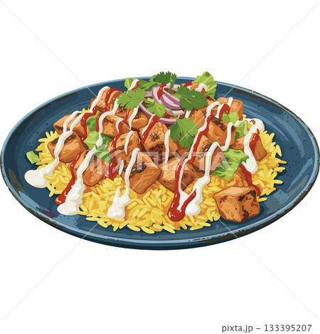 皿にレタスや赤玉ねぎが添えられたチキンオーバーライスのベクターアイコン 133395207