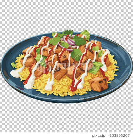 皿にレタスや赤玉ねぎが添えられたチキンオーバーライスのベクターアイコン 133395207