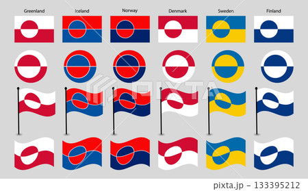 Nordic Countries Flag Icons Set - Greenland, Iceland, Scandinavia National Symbols Collection. Nordic Countries Flag Icons Set - Greenland, Iceland, Scandinavia National Symbols Collection. 133395212