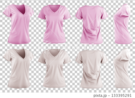 2 Set of woman pastel pink beige tee t shirt v-neck slim cut, front back and side view on transparent background cutout, PNG file. Mockup 2 Set of woman pastel pink beige tee t shirt v-neck slim cut, front back and side view on transparent background cutout, PNG file. Mockup 133395291