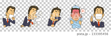 Illustration set of sick office workers. Sneezing, coughing, fever. 133395456