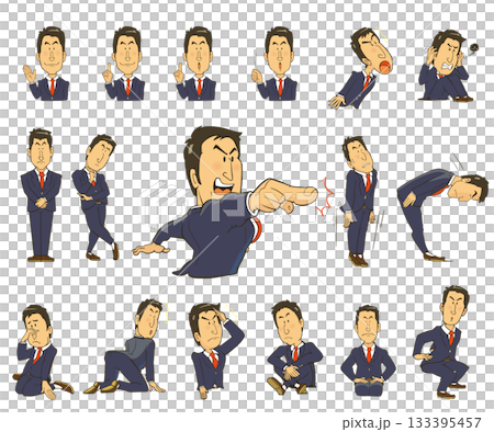 一組描繪表情豐富的辦公室工作人員的插圖。包括指導、指示、鞠躬等動作。 133395457