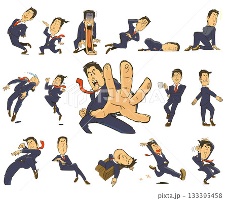 表情豊かなサラリーマンのイラストセット。スキップ、落ち込み、ショックなど。 133395458