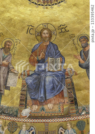 The icon on the dome with the image of Jesus Christ and the Apostles on a gold background in the basilica of Saint Paul Outside the Walls, Rome, Italy The icon on the dome with the image of Jesus Christ and the Apostles on a gold background in the basilica of Saint Paul Outside the Walls, Rome, Italy 133395462
